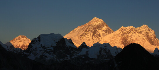 Bright lit Mount Everest, Lhotse and Nuptse, view from Gokyo Ri, Nepal.