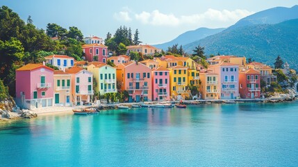 Obraz premium Colorful houses by the turquoise sea in a hillside village.