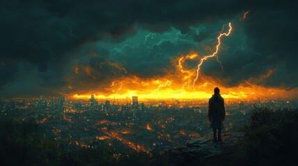 Woman watches storm over city at night
