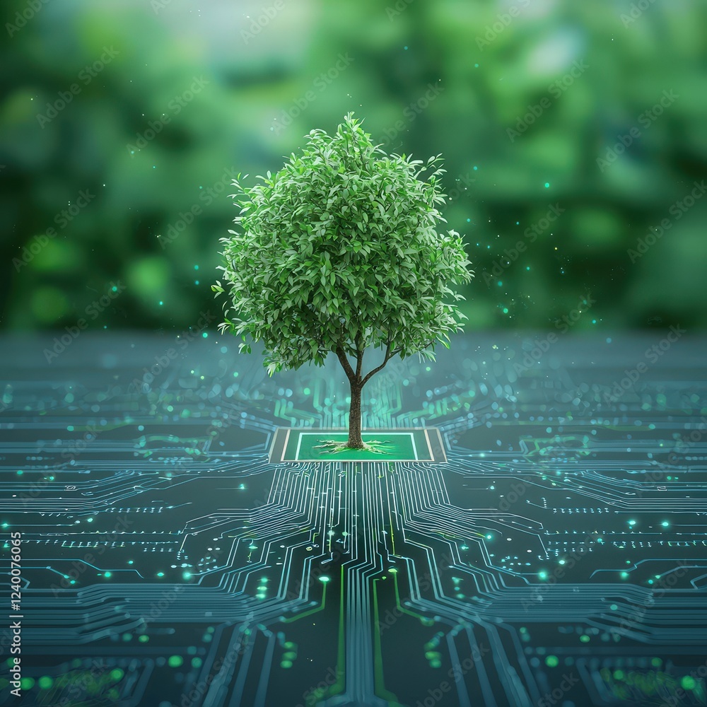 Poster tree growing from circuit board in digital environment