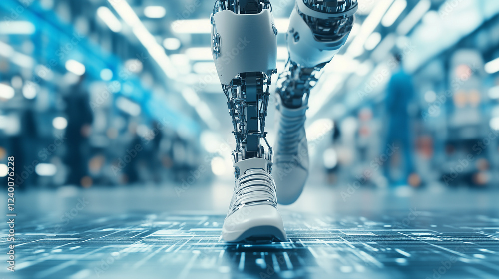 Aufkleber robotic legs running: close-up view of robotic legs running on a futuristic digital floor, showcasin