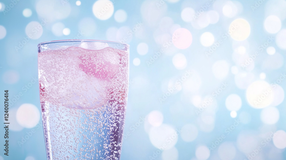 Poster sparkling refreshment: a glass of bubbly water with ice cubes, captures the essence of refreshment a