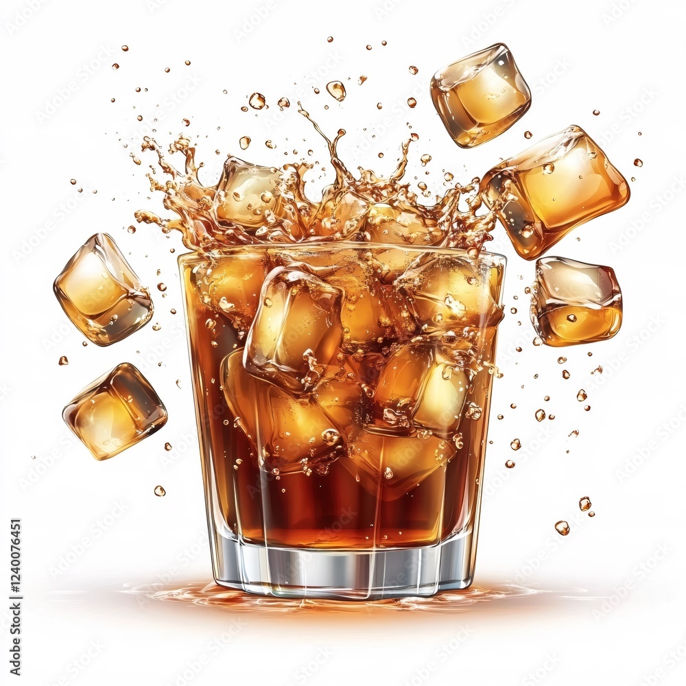 Poster refreshing drink with ice cubes splashing in a glass on a white background with liquid drops