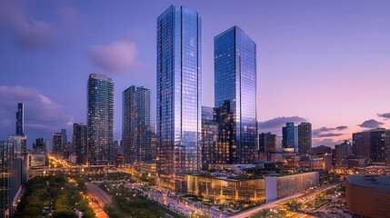 Panoramic View of Modern High Rise Buildings Under a Beautiful Evening Sky in an Urban Cityscape