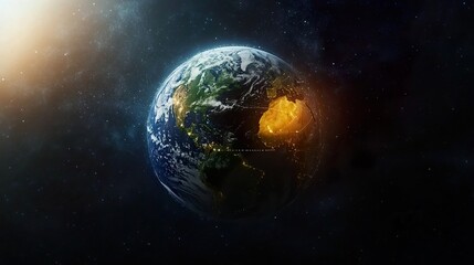 Obraz premium Glowing Earth with abstract network connections, symbolizing global connectivity and unity in a vast universe.