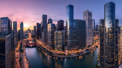 Obraz premium Panoramic View of Urban Skyscrapers Reflecting on Water During Golden Hour with Dramatic Sky