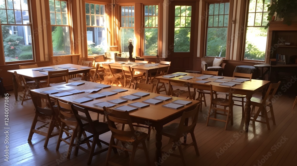 Aufkleber organized professional workshop setting with tables arranged for group strategic decision making in 