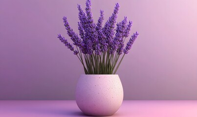Lavender bouquet in pot, purple background, calm scene, aromatherapy product