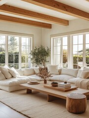 Fototapeta premium Modern Living Room With Neutral Decor And Wooden Beams