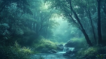 Fototapeta premium A Mystical Forest Stream with a Cascading Waterfall