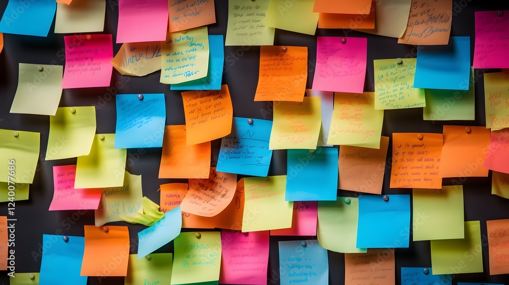 Poster colorful sticky notes and hand drawn sketches arranged in a flat lay composition representing innova