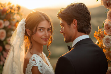 Bride and groom exchanging romantic vows in front of a floral arch during a sunset, with emotional expressions and a dreamy atmosphere.