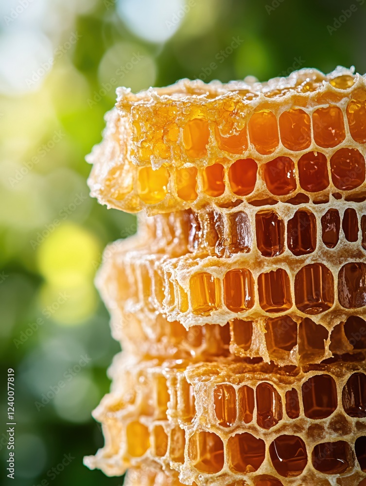 Poster stacked honeycomb dripping with golden honey against a soft green bokeh background