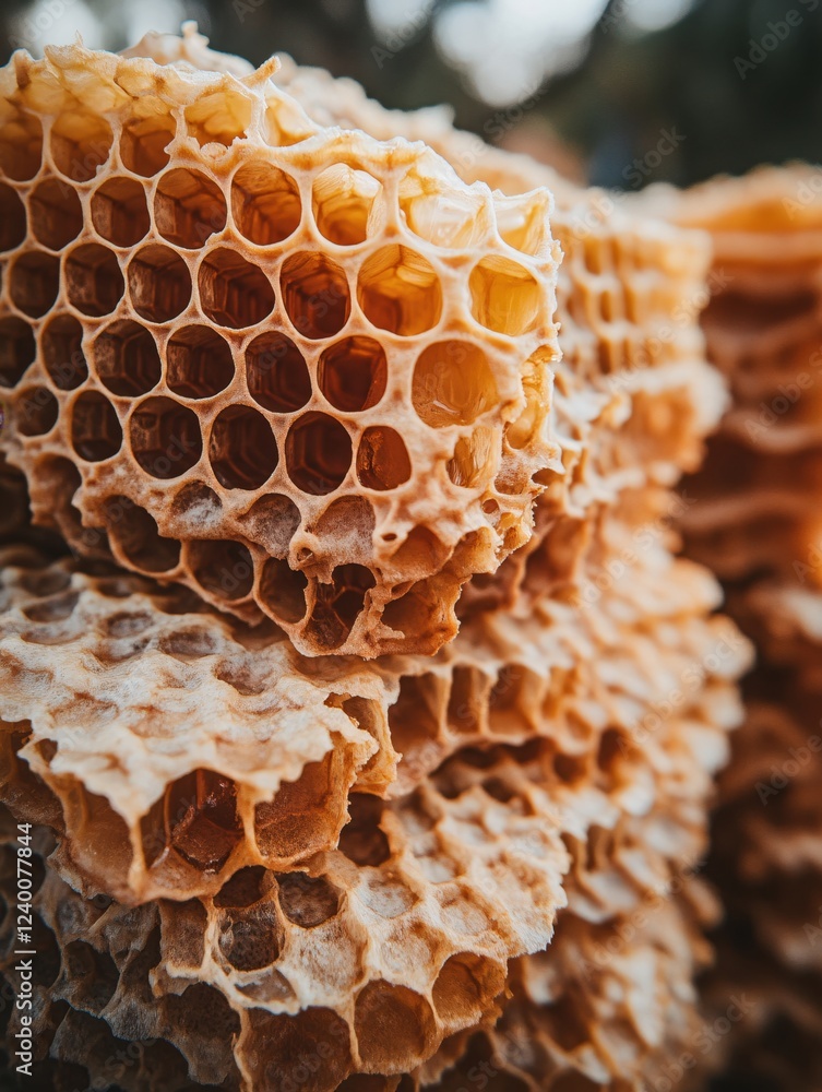Poster close up view of natural honeycomb structure with golden hues and organic texture pattern
