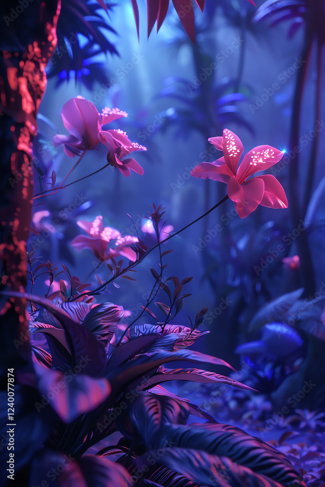 Aufkleber capture a bioluminescent jungle with towering, glowing flora using cg 3d rendering show futuristic t