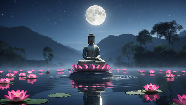 Vesak Day Illustration: Buddha Meditating Under the Full Moon, Surrounded by Lotus Flowers and a Peaceful Landscape