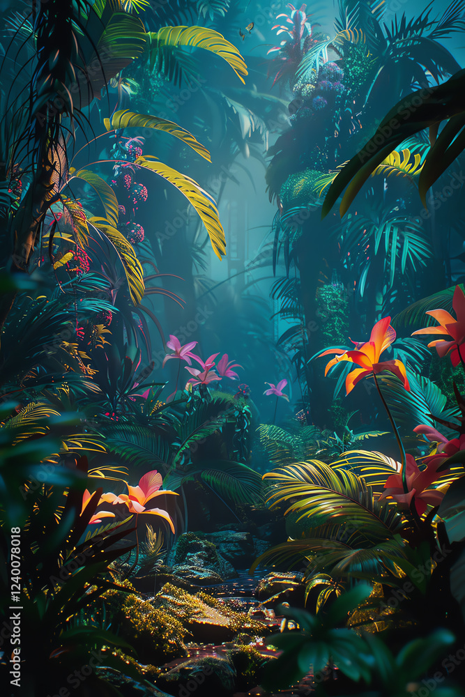 Aufkleber capture a bioluminescent jungle with towering, glowing flora using cg 3d rendering show futuristic t