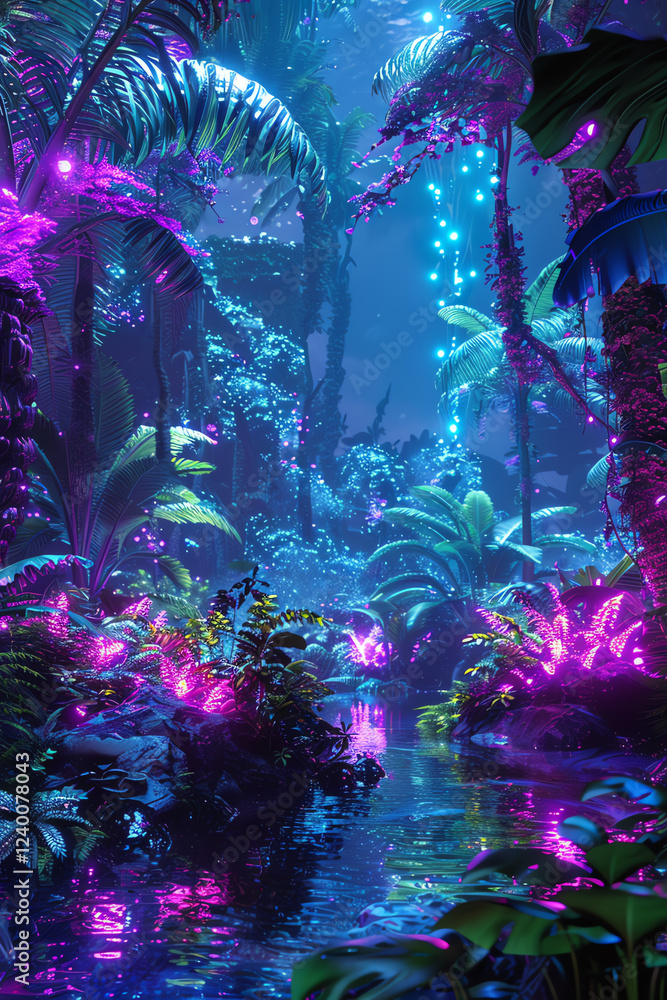 Aufkleber capture a bioluminescent jungle with towering, glowing flora using cg 3d rendering show futuristic t