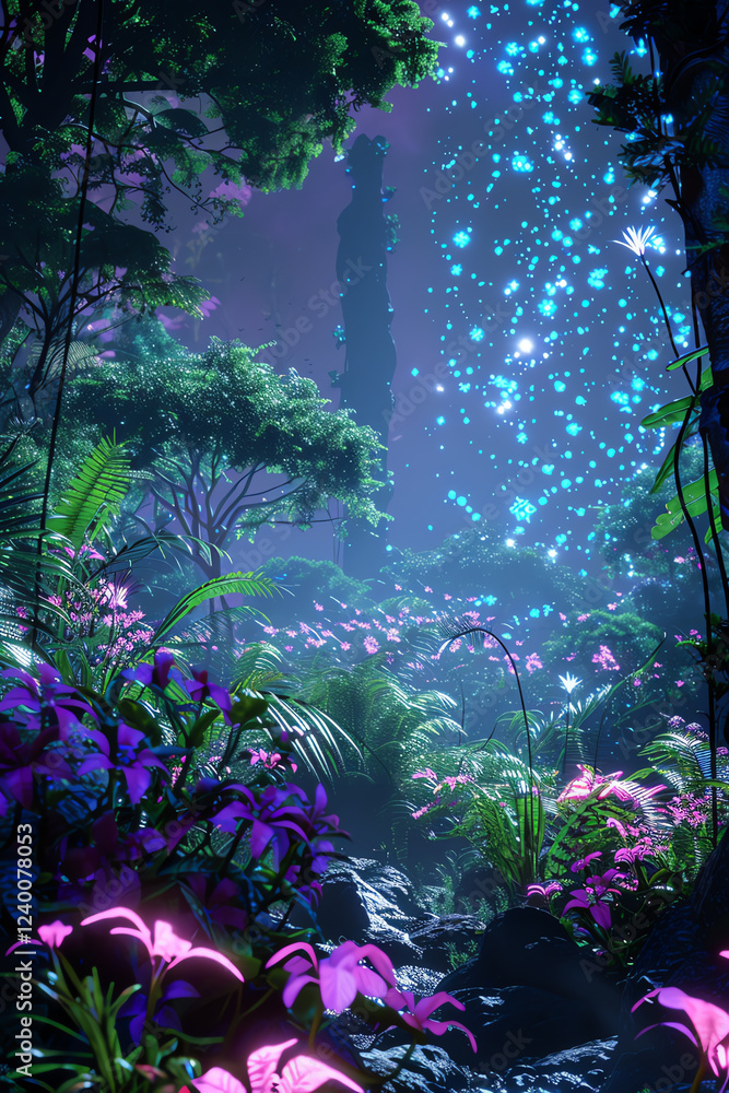 Aufkleber capture a bioluminescent jungle with towering, glowing flora using cg 3d rendering show futuristic t