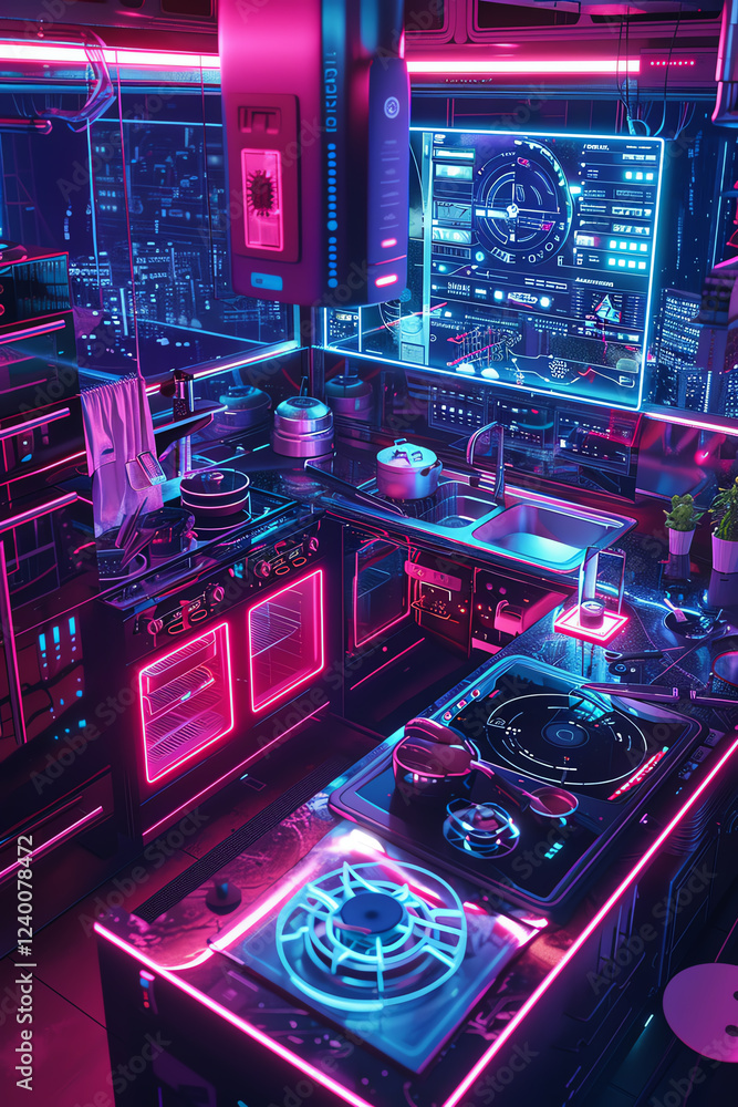 Aufkleber capture a dynamic aerial view of a futuristic kitchen drenched in neon lighting and holographic disp