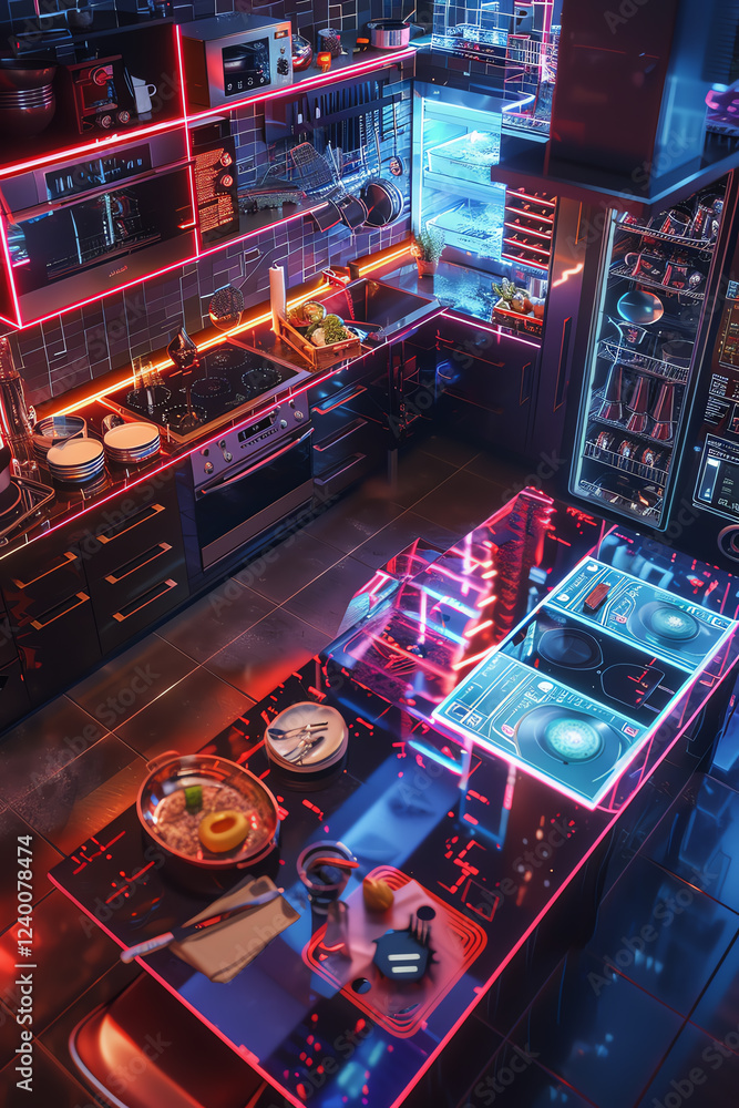 Poster capture a dynamic aerial view of a futuristic kitchen drenched in neon lighting and holographic disp