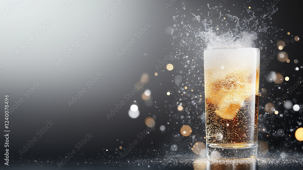 Aufkleber refreshing fizz: ice-cold bubbly drink in a tall glass with splashing fizz and bokeh lights in the b