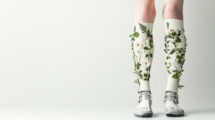 Floral Legwear: A unique and captivating image of a pair of legs adorned with lush green foliage, sprouting from the calf of white socks and sandals.