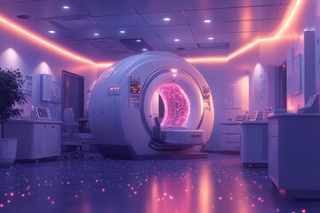 MRI room, futuristic scan, purple light, medical tech