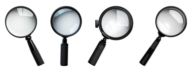 Set of minimalist magnifying glass with black handle isolated on transparent background