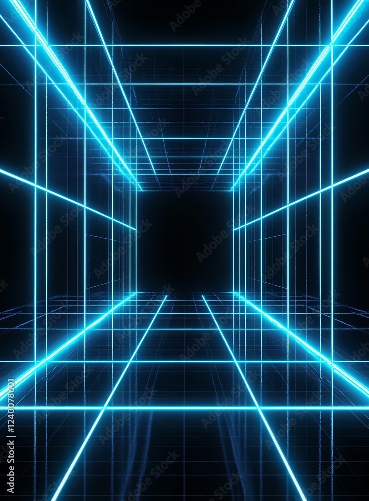 Aufkleber abstract blue neon grid lines in dark space.