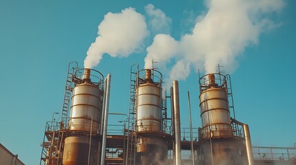 Close-Up of Modern Distillation Columns Emitting Vapor Under Clear Blue Sky