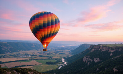 Fototapeta premium Hot air balloon floating over a valley at sunrise for adventure and travel inspiration. A colorful hot air balloon drifts gracefully above a