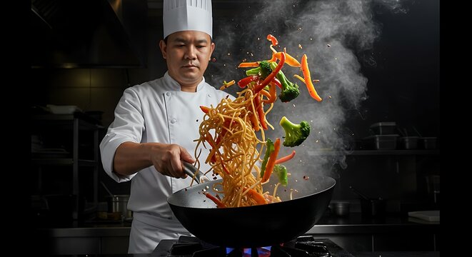 A chef tossing noodles in a wok with colorful vegetables and soy sauce.