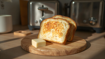 buttered and toast .Wooden Board with toasts. Homemade Toasted Bread Slice with Butter Ready for Breakfast.
