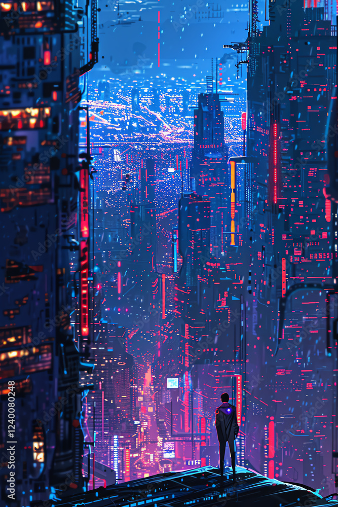 Poster capture the essence of futuristic technologies merging with romantic narratives in a pixel art style