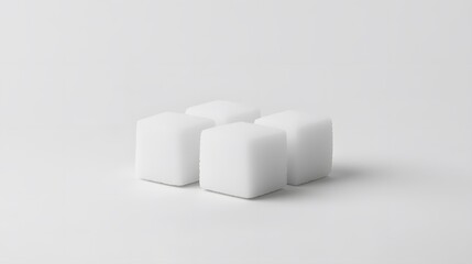 Four White Sugar Cubes on a White Background