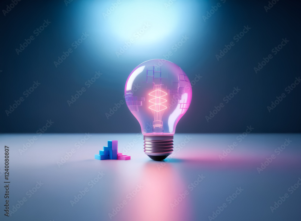 Poster glowing lightbulb with intricate internal design, illuminated by vibrant pink and blue light, sits o