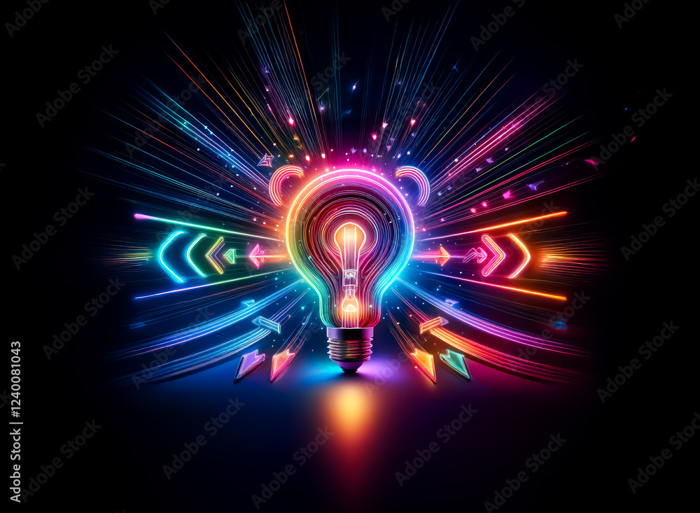 Poster a vibrant, multi-colored lightbulb explodes with radiating energy and dynamic arrows, symbolizing in