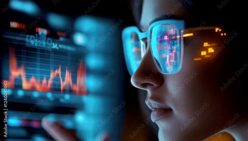 Poster a focused individual analyzing data on a digital display.