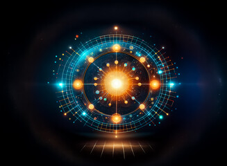 A luminous, circular energy field radiates light, showcasing intricate geometric patterns and glowing orbs.  Its vibrant hues create a futuristic, cosmic aesthetic.