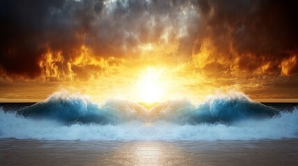 Fiery sunset over crashing ocean waves. Dramatic sky, intense colors, powerful nature.