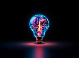 A glowing lightbulb on dark background.  Intricate neon circuitry lines its interior, symbolizing innovation and new ideas.  The lightbulb reflects a soft glow onto the surface.