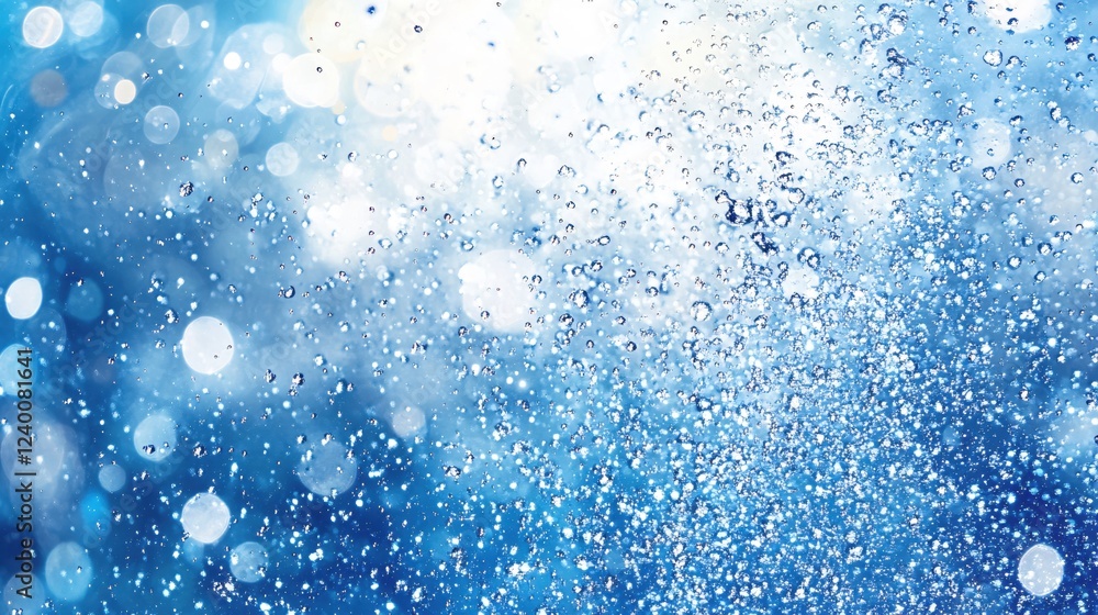Poster sparkling water drops in motion creating a beautiful abstract blue and white background