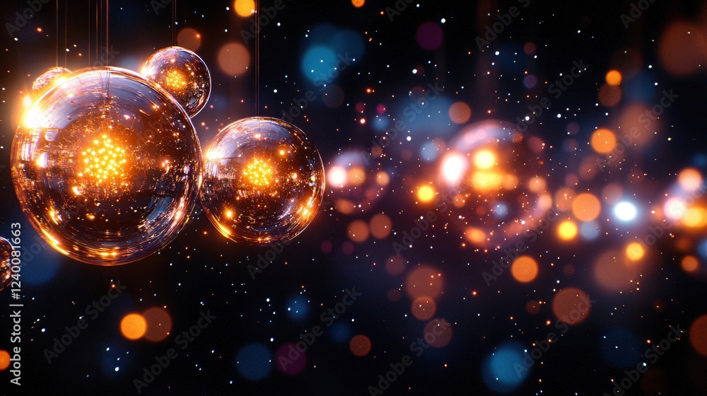 Poster luminous spheres suspended against a dark backdrop with bokeh lights creating a festive mood