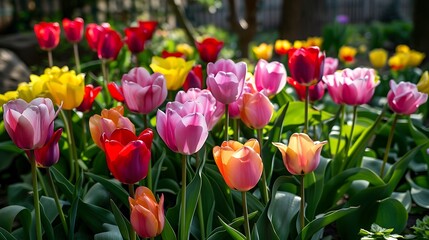 Obraz premium Vibrant array of tulips in a garden, showcasing diverse colors and full blooms.