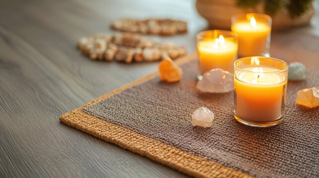 Calm candles, crystals, mat, wooden floor, peaceful background, wellness