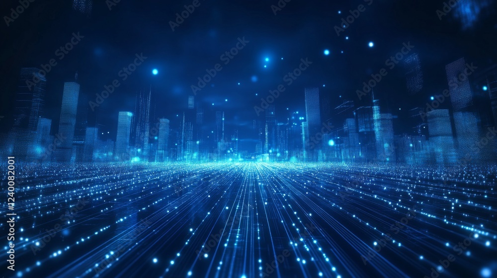 Poster a futuristic cityscape illuminated by blue lights, featuring endless data streams and digital effect