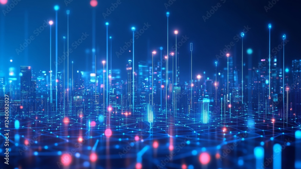 Fototapete a futuristic digital landscape with vibrant, glowing lines and nodes representing data flow and conn