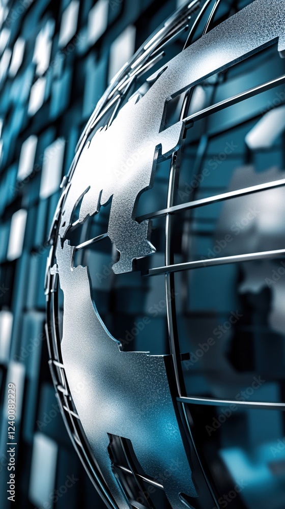 Poster metallic globe structure with abstract background in cool blue tones for global themes