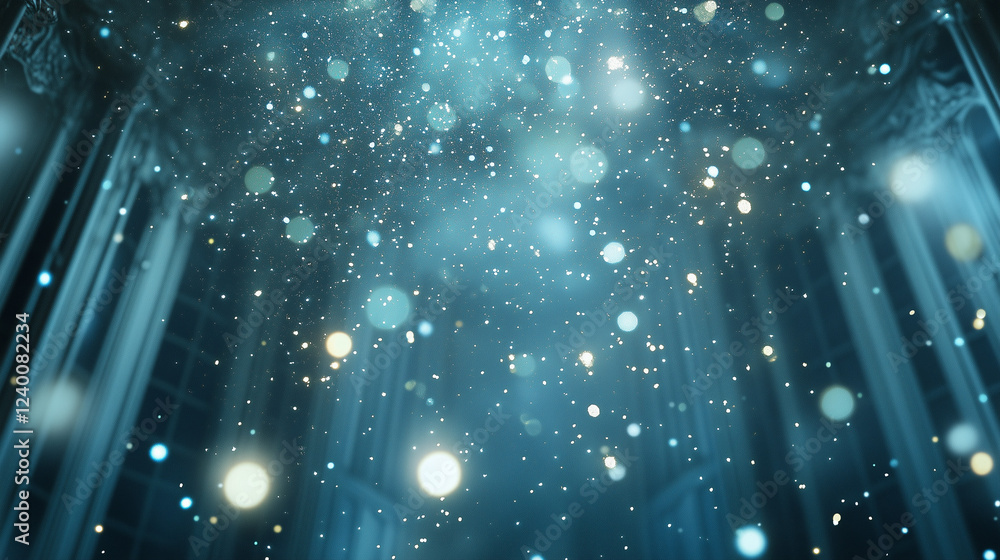 Poster celestial dance: shimmering, ethereal particles dance in a celestial light, creating a mesmerizing, 